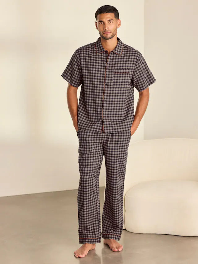 Black Cotton Gingham Long Pyjamas Set