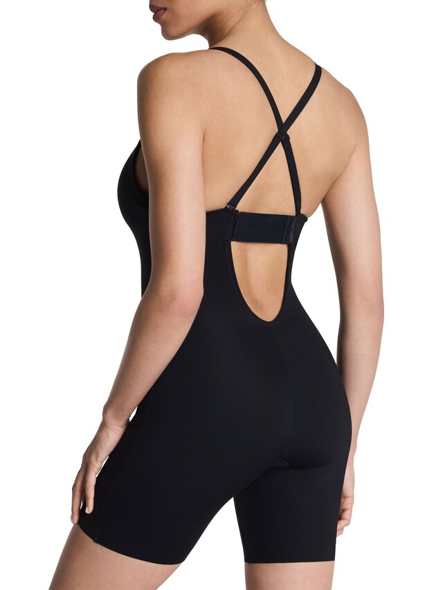 Black shape Suit Your Fancy Plunge Low-Back Mid-Thigh Bodysuit