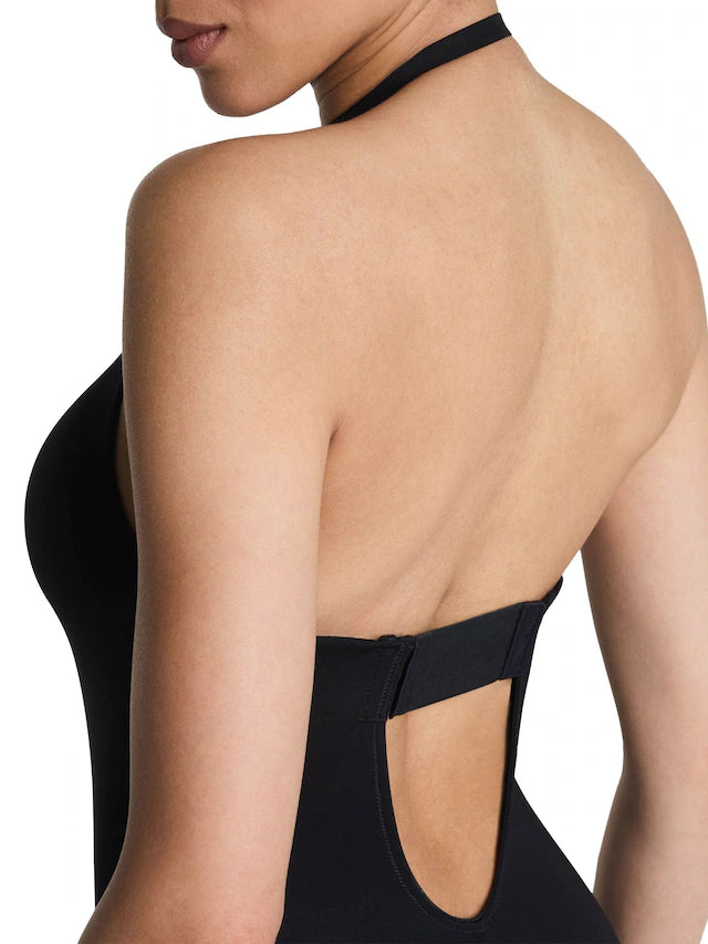 Black shape Suit Your Fancy Plunge Low-Back Mid-Thigh Bodysuit