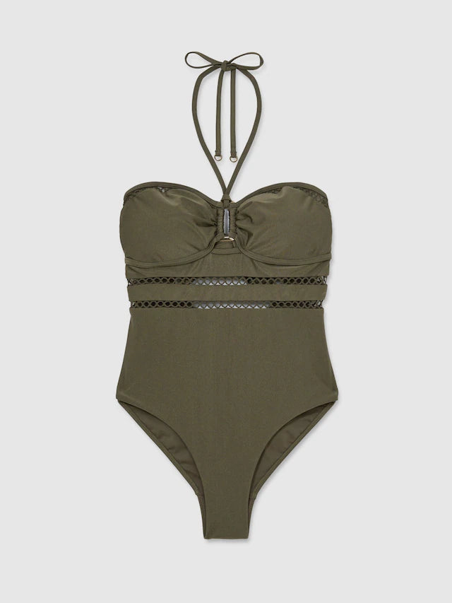 Khaki Green Libby Shimmer Lattice-Trim Bandeau Swimsuit
