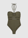 Khaki Green Libby Shimmer Lattice-Trim Bandeau Swimsuit