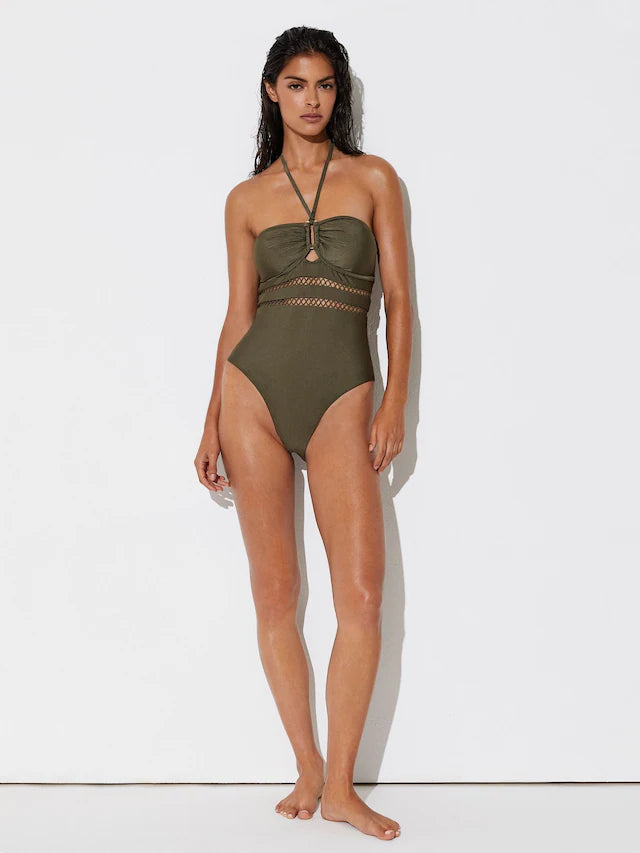 Khaki Green Libby Shimmer Lattice-Trim Bandeau Swimsuit