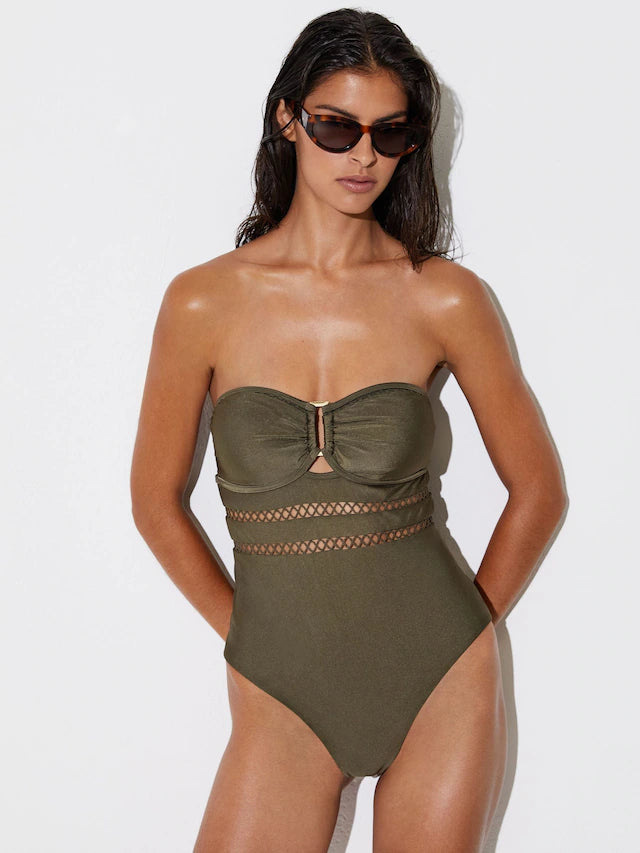 Khaki Green Libby Shimmer Lattice-Trim Bandeau Swimsuit