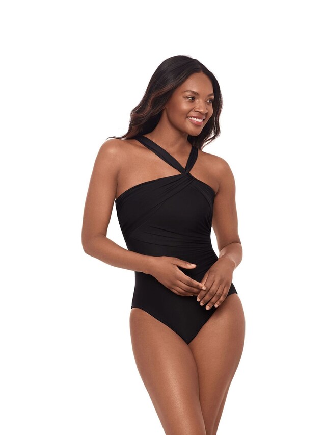 Black Hidden Underwire Tummy Control Asymmetrical Swimsuit