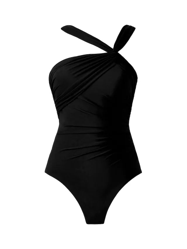 Black Hidden Underwire Tummy Control Asymmetrical Swimsuit