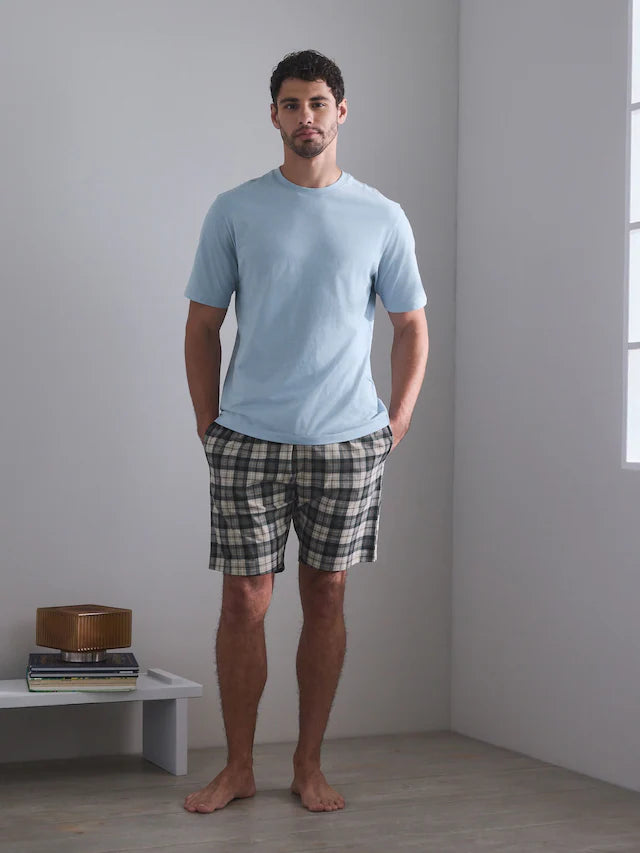 Blue/Green/Rust Brown Check Short Sleeve Jersey Pyjamas Set 3 Pack