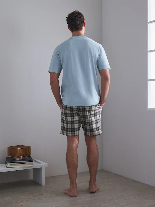Blue/Green/Rust Brown Check Short Sleeve Jersey Pyjamas Set 3 Pack