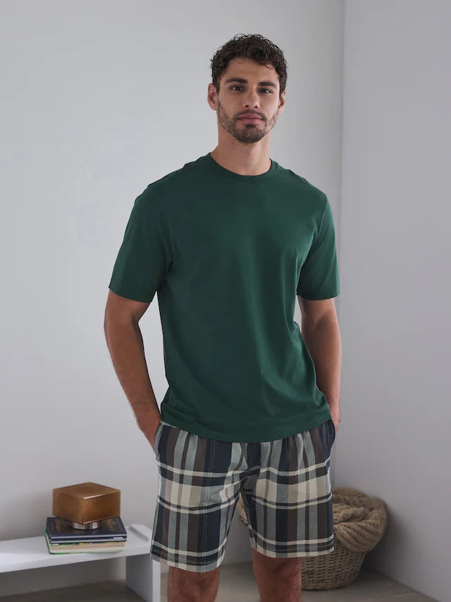 Blue/Green/Rust Brown Check Short Sleeve Jersey Pyjamas Set 3 Pack
