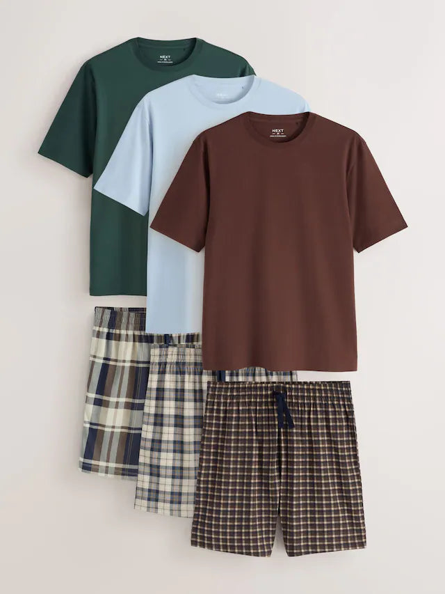 Blue/Green/Rust Brown Check Short Sleeve Jersey Pyjamas Set 3 Pack