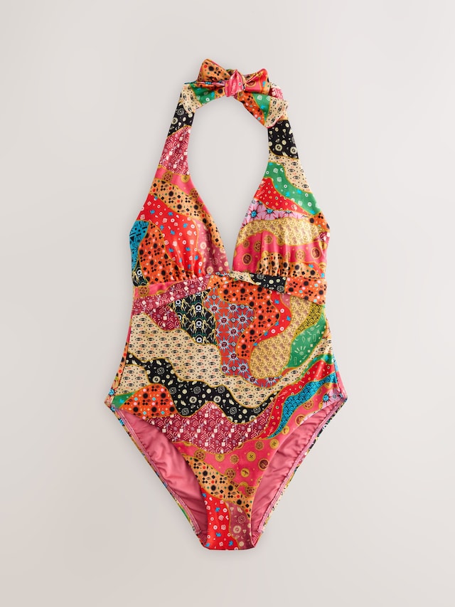 Pink/Orange Mosaic Plunge Swimsuit with Tummy Control