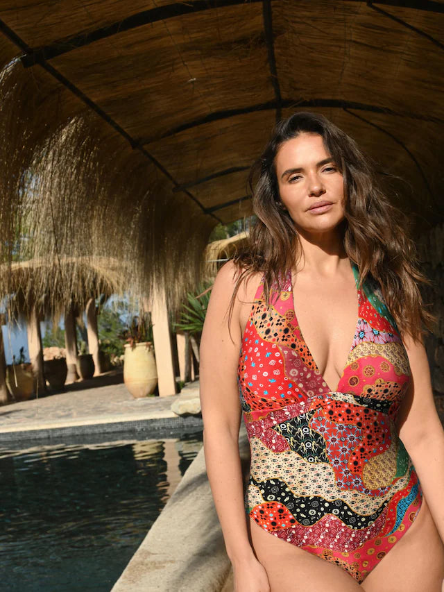 Pink/Orange Mosaic Plunge Swimsuit with Tummy Control
