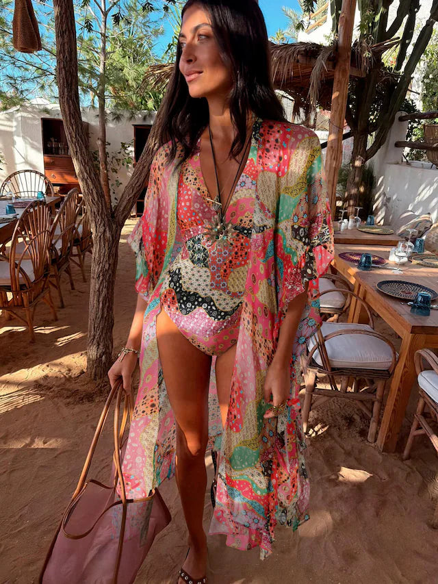 Dressed Pink/Orange Mosaic Sheer Kaftan Cover-Up