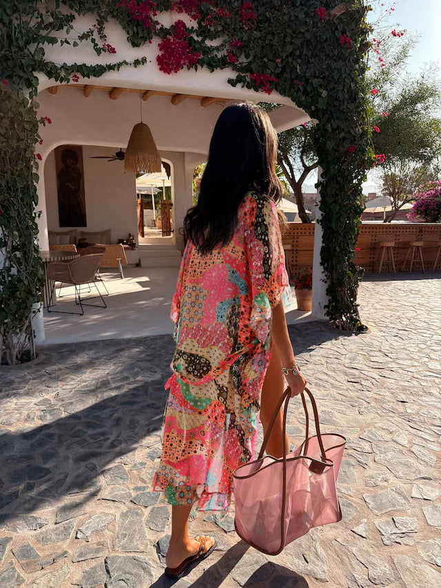 Dressed Pink/Orange Mosaic Sheer Kaftan Cover-Up