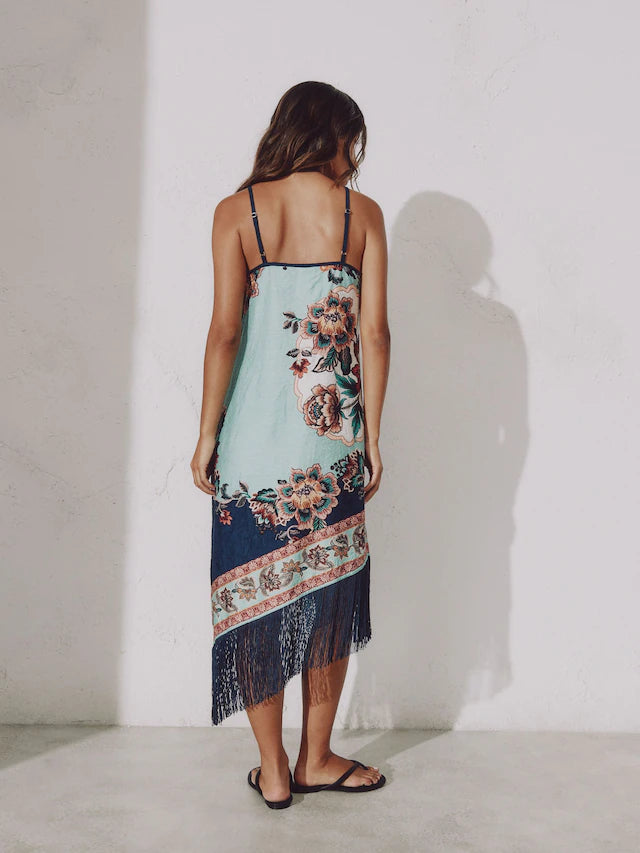 Navy/Peach Floral Strappy Asymmetric Fringed Hem Midi Dress