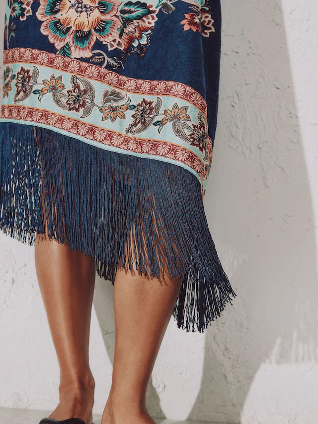 Navy/Peach Floral Strappy Asymmetric Fringed Hem Midi Dress