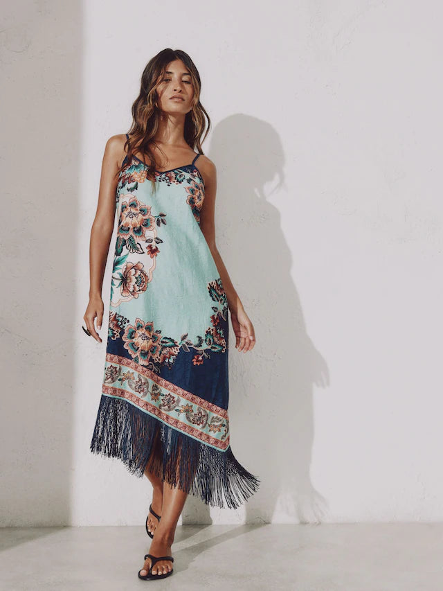 Navy/Peach Floral Strappy Asymmetric Fringed Hem Midi Dress