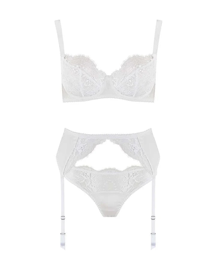 SIGNATURE WHITE BALCONY BRA, THONG & SUSPENDER